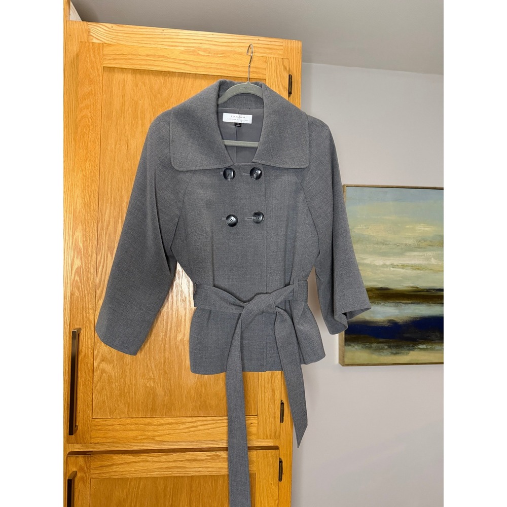 Tahari Arthur S Levine Gray Belted Double Breasted Jacket 3/4 Sleeve Size 12